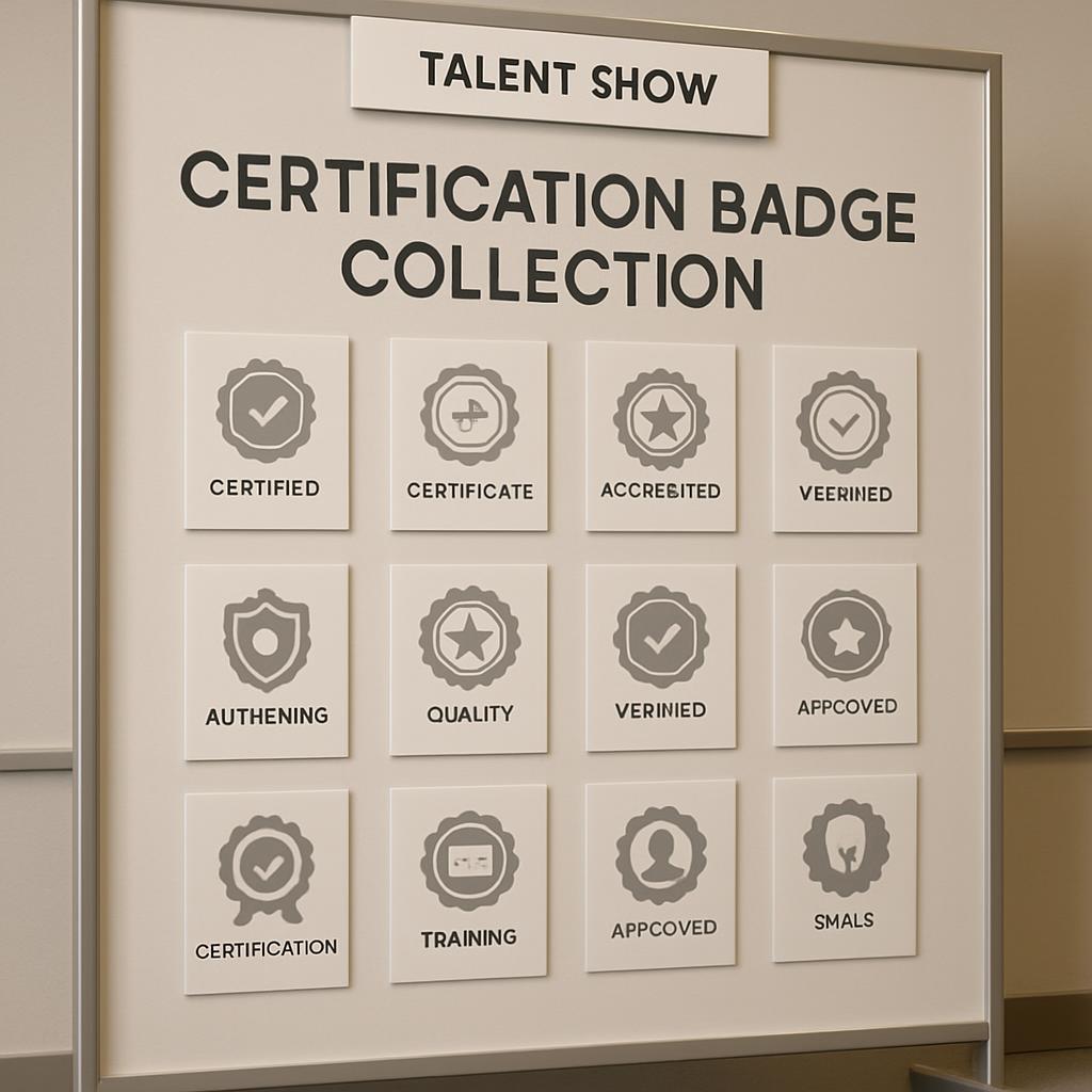 A series of certification badges displayed on a wall, including "Certified", "Certificate", "Accredited", "Verified", "Cer...