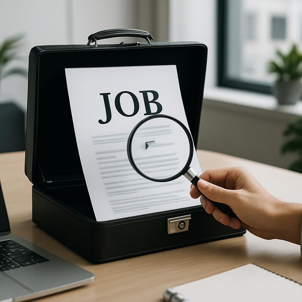 Magnifying glass in hand, looking at job wanted poster.