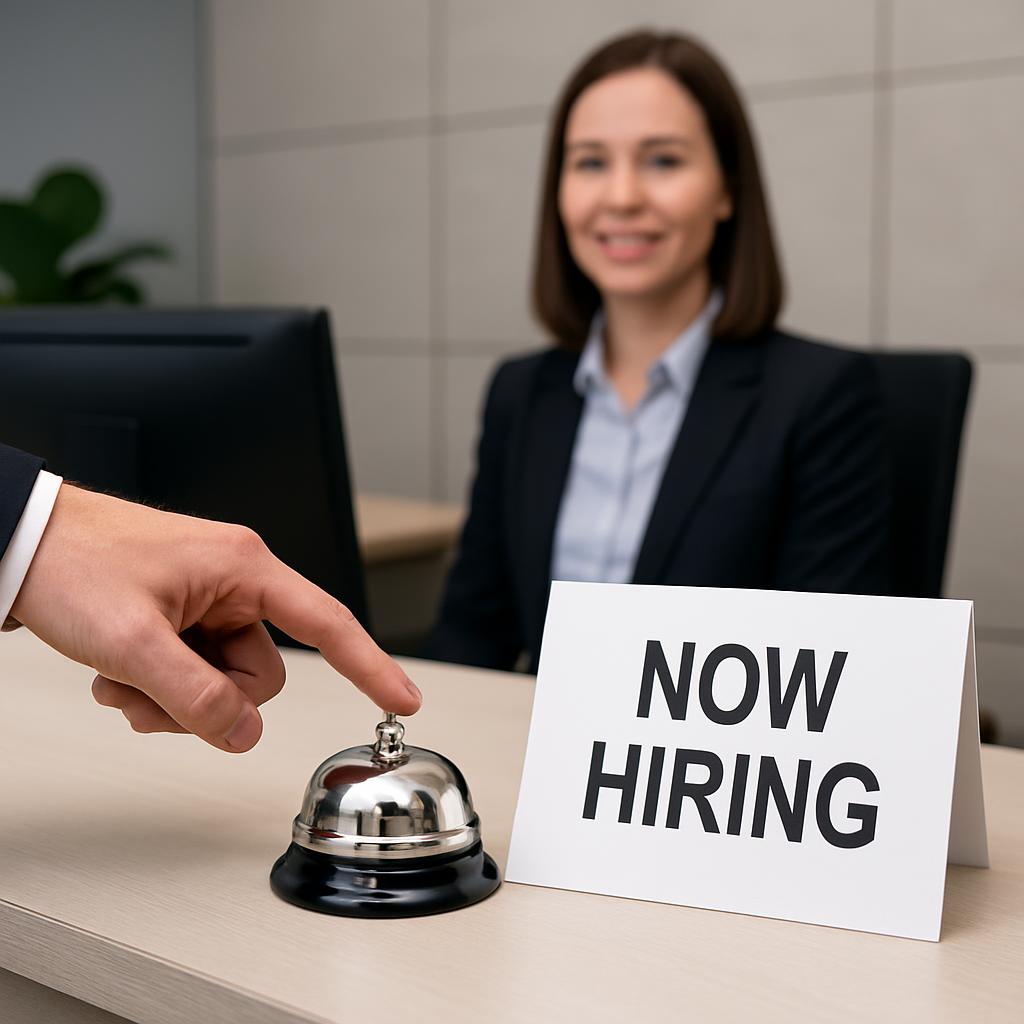 title A woman in a business suit sits behind a desk with a "Now Hiring" sign and a bell with a hand pressing the bell.