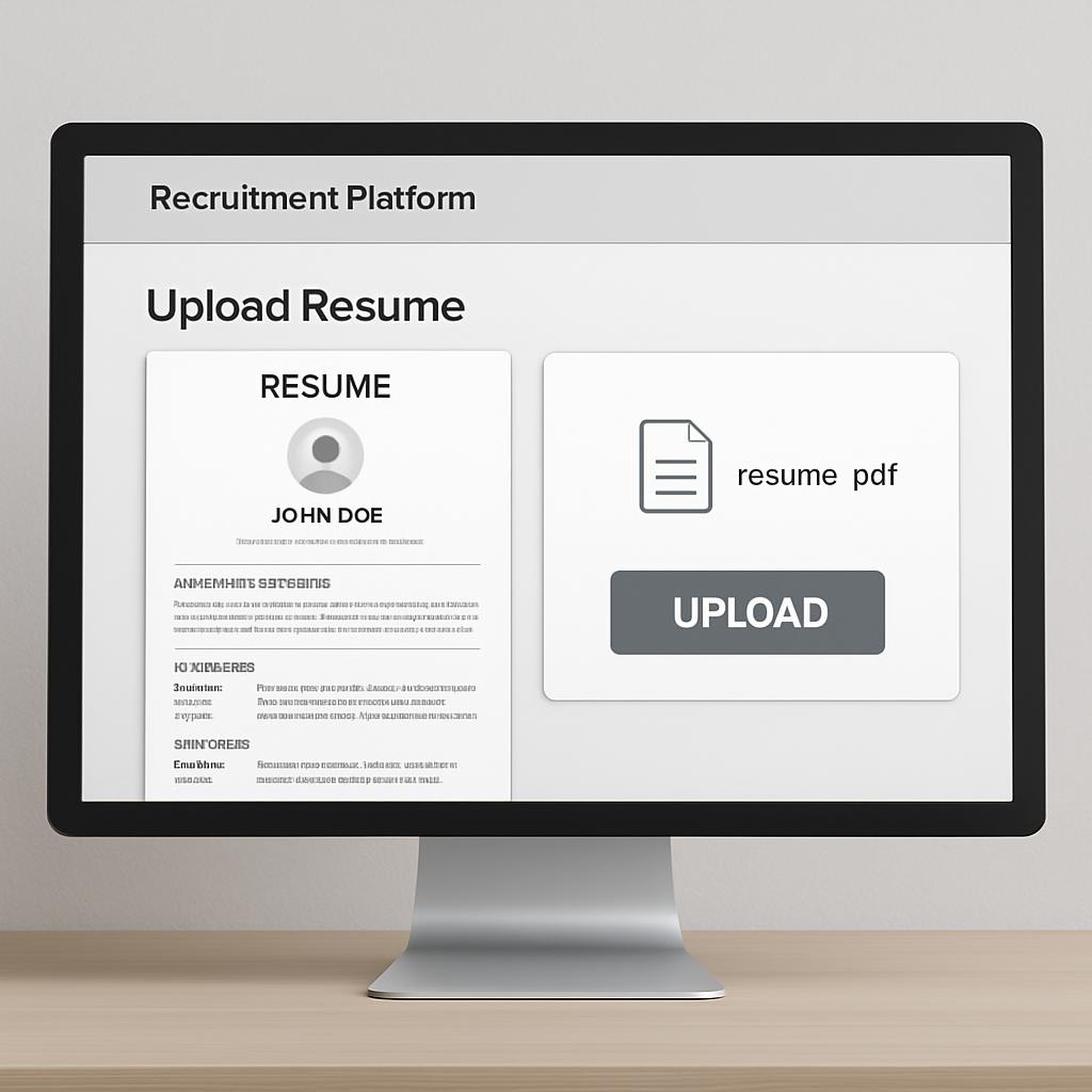 Computer screen displaying a resume, with text and graphics; top left corner says "Recruitment Platform," top center says ...